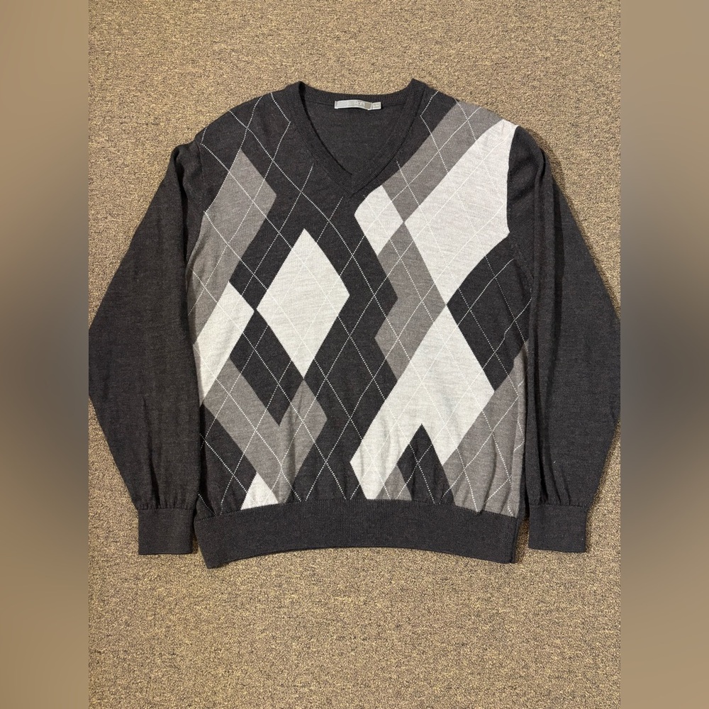 RAFFI -XL (54) -MEN’S EXTRA FINE MERINO WOOL V-NECK KNITWEAR| -Brown Tan Argyle